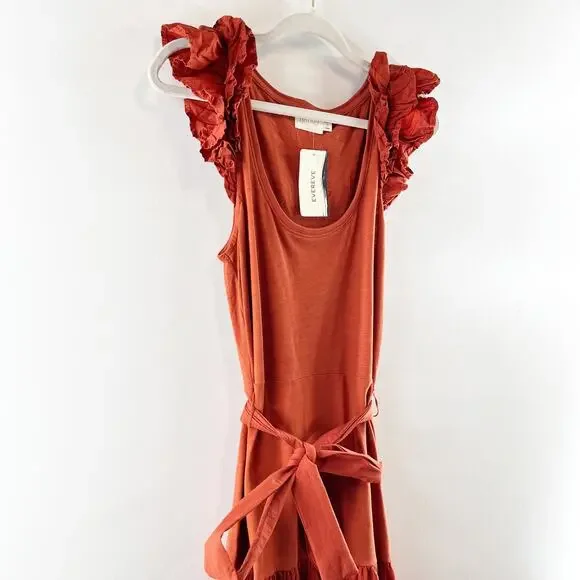 Nation LTD Everly Frilly Ruffle Strap Tiered Cotton Midi Dress Cayene Red Small - Picture 11 of 11